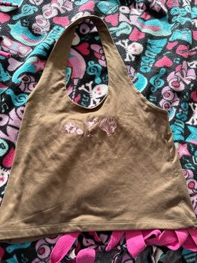 Justify Olive Halter Tank with Pink Embroidery